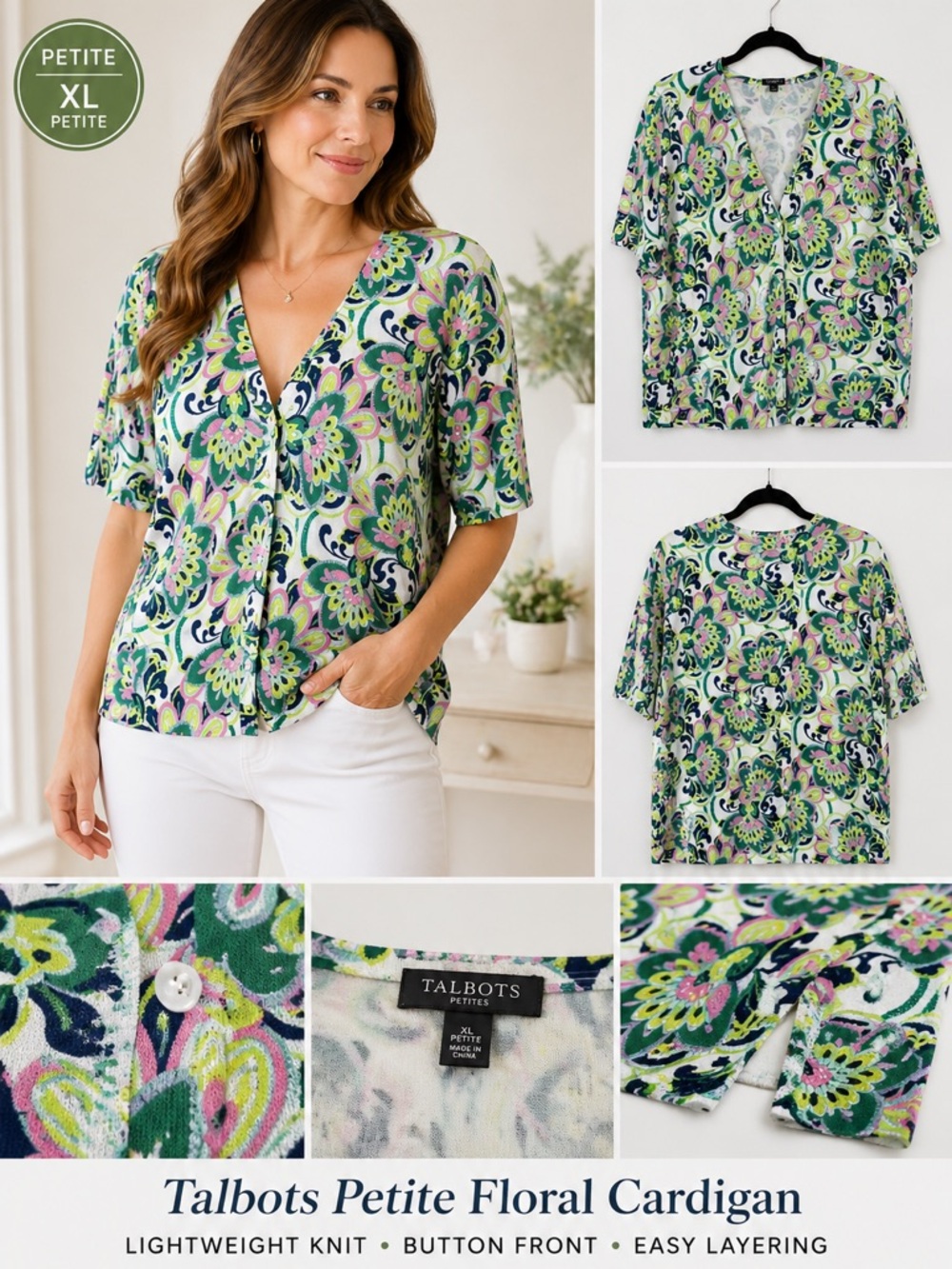 Talbots Petite Floral Cardigan XL Button Front Knit Top Colorful